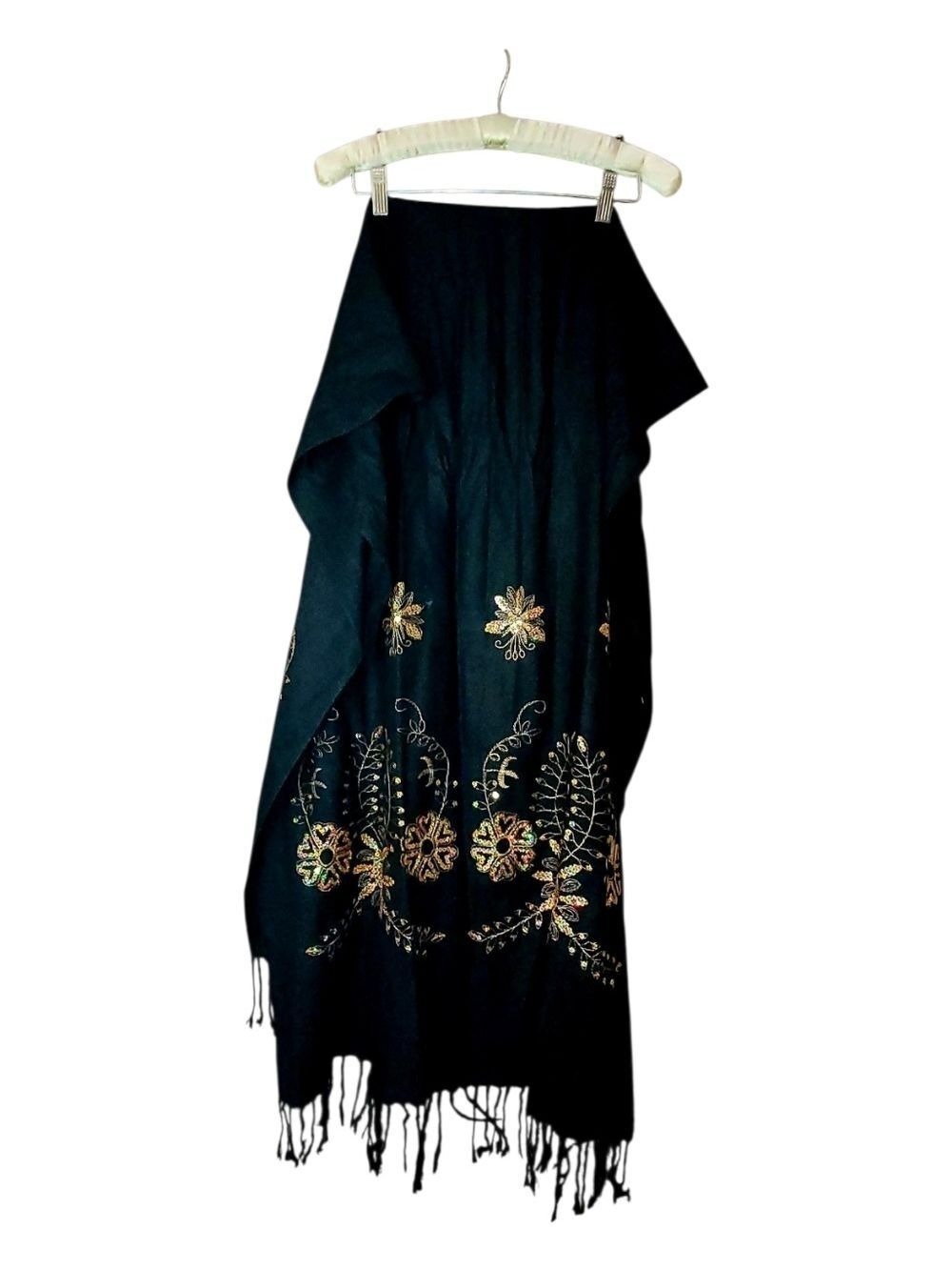 Ornate Black Scarf Or Wrap Gold Sequin Design Exquisite Festival